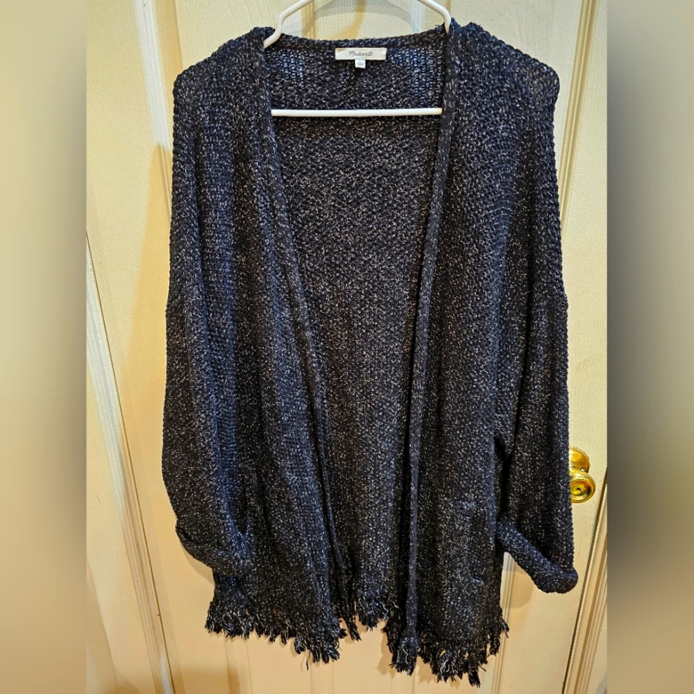 Madewell marled knit cardigan with pockets and fringe EUC L